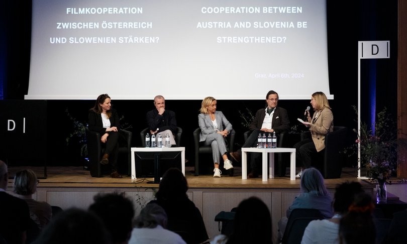 Petra Vidmar (DPS),Roland Teichmann (AFI)_Nataša Bučar (SFC)_Alexander Dumreicher (ZFGI) in moderatorka, Foto: Harald Wawrzyniak-Diagonale